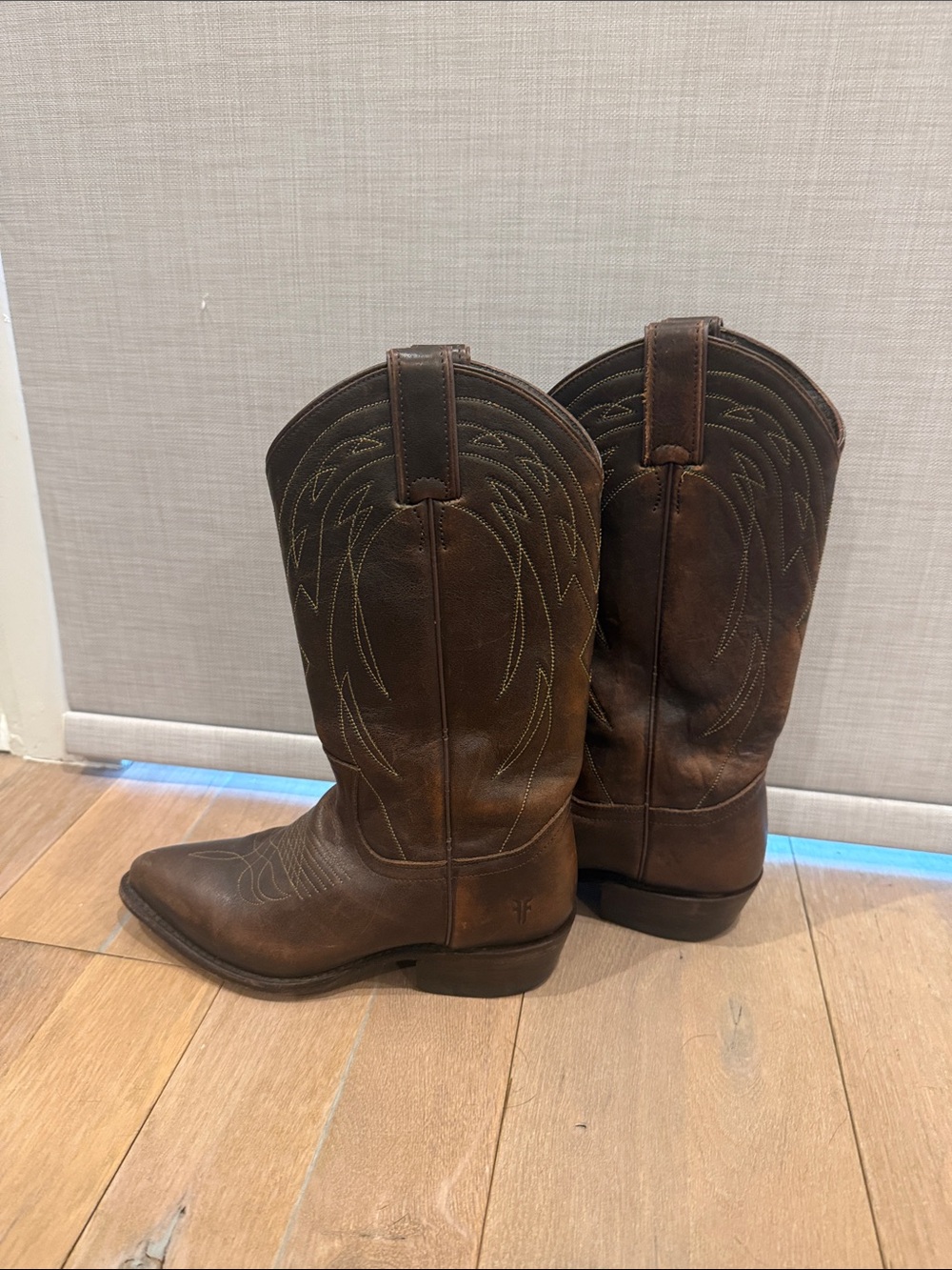 Frye Brown Leather Western Heeled Boots with Stitch Detail